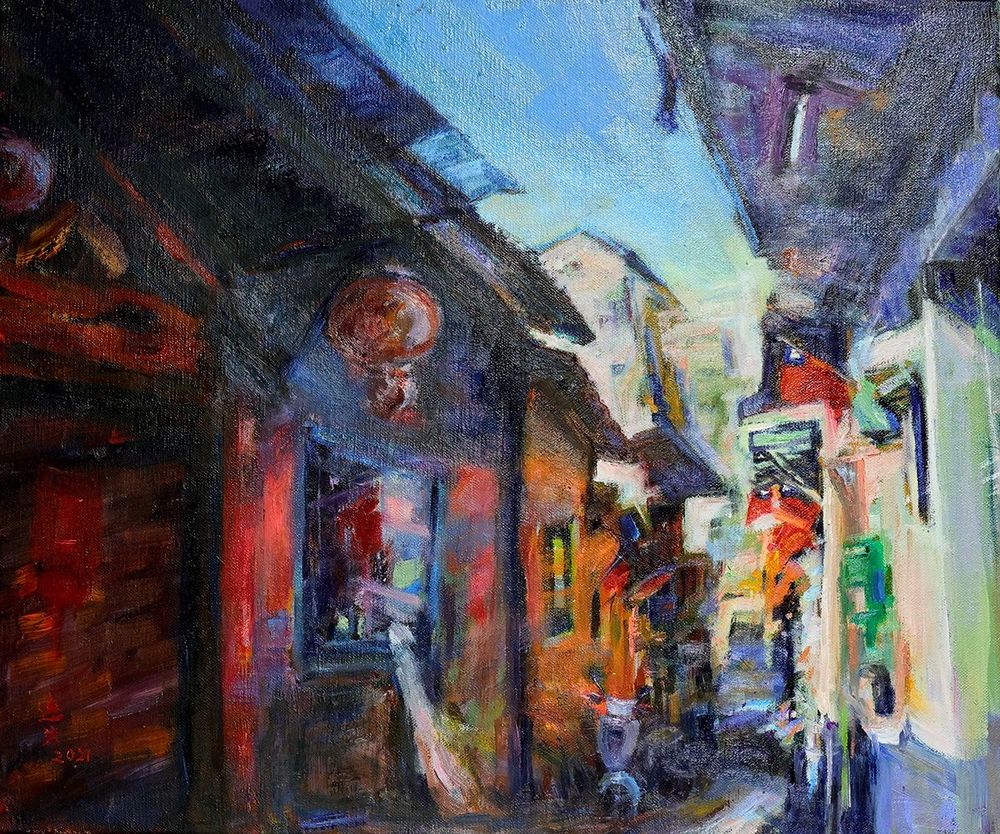 中興莊眷戶具有深厚國家意識，常連芳畫出家戶國旗飄揚的風景。(翻攝：常連芳畫作)