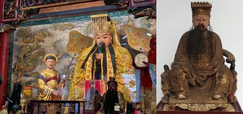 右圖為2021.11.24玉帝古神像剛從腹中請出修復前貌（照片提供者：左:英語系碩士班巫宜臻、特教系碩士班林承逸；右:歷史所李華彥）