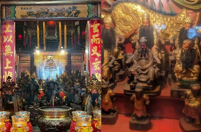玄天上帝神像、陪祀神明與額枋。（照片提供者：英語系陳鈺欣、王苡臻、魯姵廷）