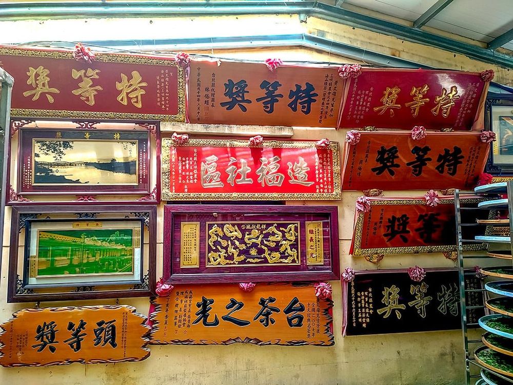 在茶廠外的牆面掛滿了無數得獎的匾額與獎牌。照片拍攝者：三峽學教師社群 / 拍攝日期：2022/07/24
