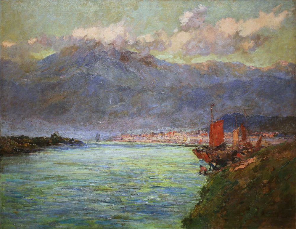 石川欽一郎，〈河畔〉（1927），油彩、畫布，116.5×91.0公分。資料來源：阿波羅畫廊提供。