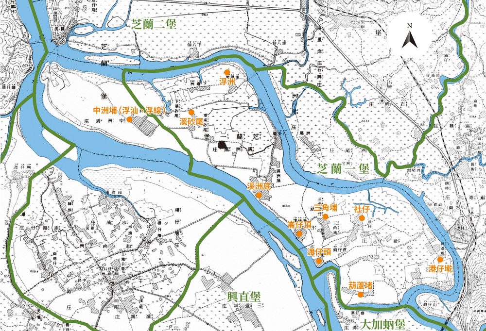 社子島聚落位置。／資料來源：毛毓翔製圖，底圖為〈臺灣堡圖〉（1904），《臺灣百年歷史地圖》，中央研究院人社中心GIS專題中心。《島都之河》，頁228。