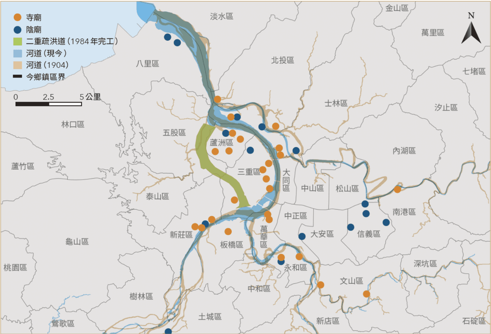 淡水河水信仰寺廟分布圖／資料來源：毛毓翔製圖。《島都之河》，頁246。