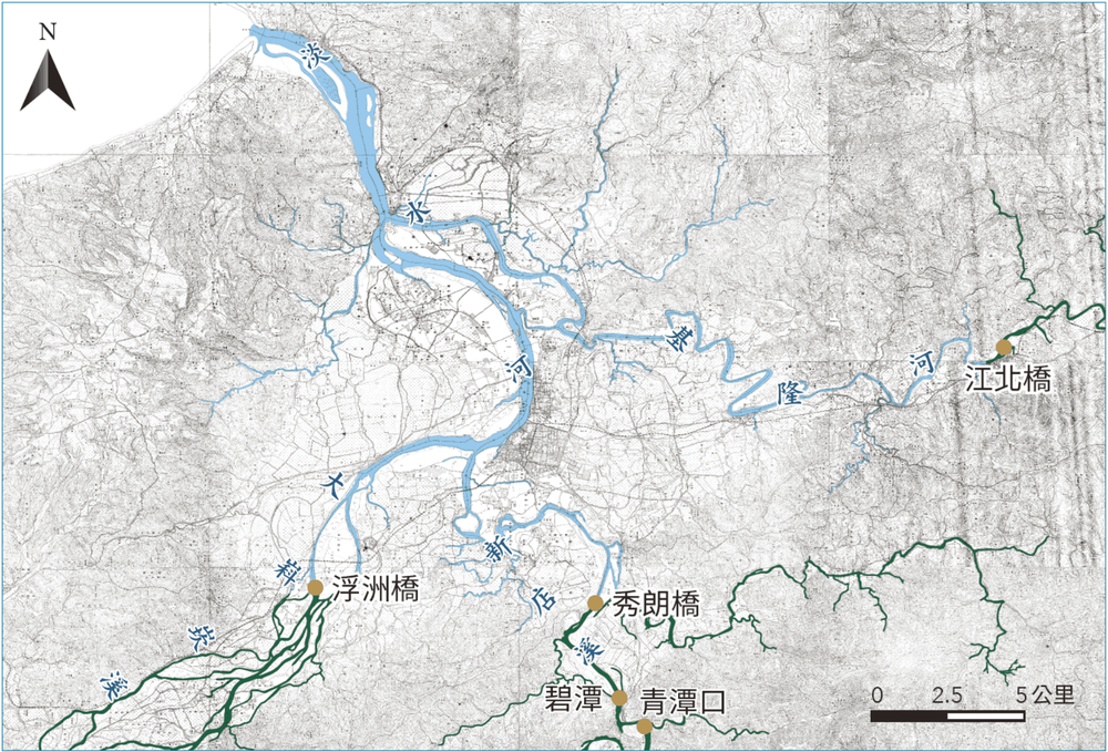 淡水河流域感潮河段範圍與碧潭、青潭相對位置／資料來源：：李宗信製圖，底圖為〈臺灣堡圖〉（1904），《臺灣百年歷史地圖》，中央研究院人社中心GIS專題中心。顧雅文、李宗信、簡佑丞，《島都之河》（臺中：經濟部水利署水利規劃分署，2025），頁81。
