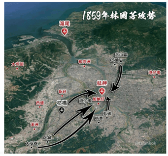 1859年林國芳方攻勢圖（圖片資料來源：北境戰爭 1853-1861）