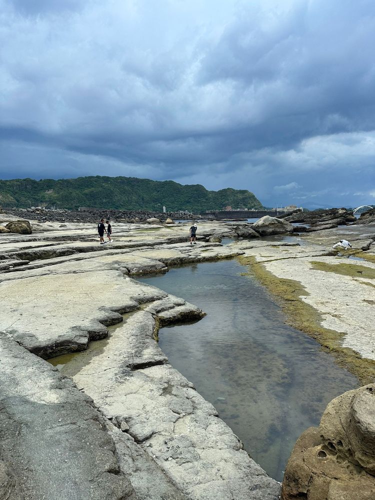 潮間帶岩盤與烏雲壓境的海岸景致。拍攝者：吳宸陞／拍攝日期：2025/09/30