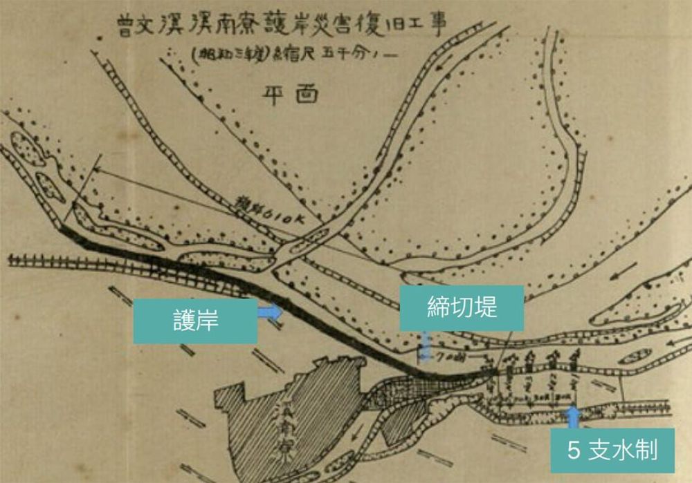 1929 年1月至5月進行的防洪工事 照片提供者：內務局土木課，《曾文溪河川構造物調書(自大正六年至昭和八年度)》。臺中：經濟部水利署水利規劃試驗所所藏。