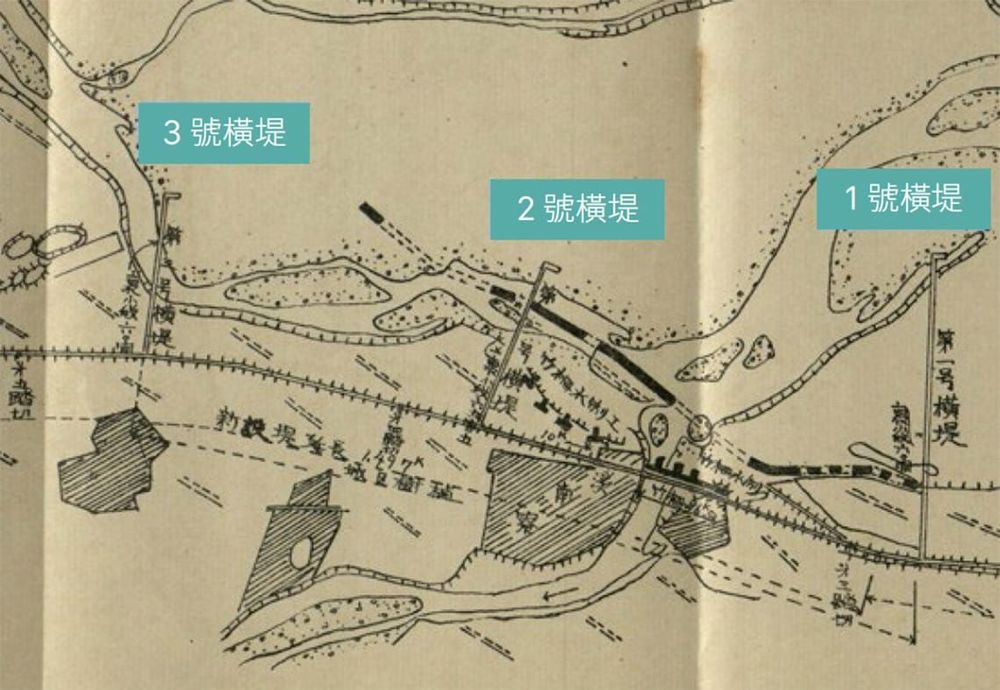 1930年1月至7月進行的溪南寮防洪工事 照片提供者：內務局土木課，《曾文溪河川構造物調書(自大正六年至昭和八年度)》。臺中：經濟部水利署水利規劃試驗所所藏。